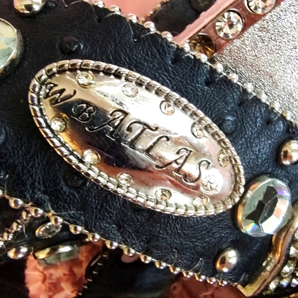 BLACK LEATHER SILVER and CRYSTAL EMBELLISHED BELT 36" - Picture 9 of 17